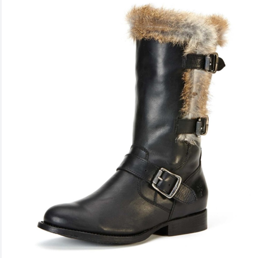 Frye Jamie Moto Boots Biker Shoes Womens Size 6.5 Black Rabbit Fur Lined